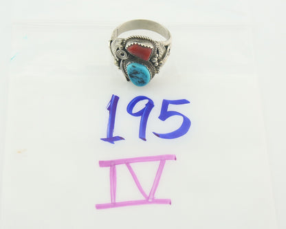 Men Navajo Ring 925 Sterling Natural Coral & Turquoise Signed JM C.80's Sz 12.75