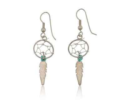 Navajo Dangle Dream Catcher Earrings 925 Silver Blue Turquoise Native Artist C80