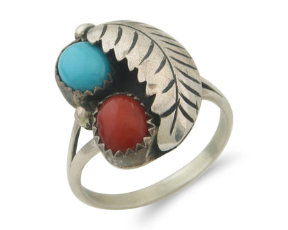 Navajo Ring 925 Sterling Natural Coral & Turquoise Signed BB C.80's Size 7.25