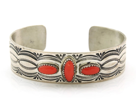 Navajo Bracelet Sterling Silver Vintage Coral Hand Stamped Signed A Blackgoat