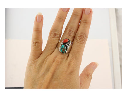Navajo Ring 925 Sterling Turquoise & Coral Native Artist C.80's Size 8.75