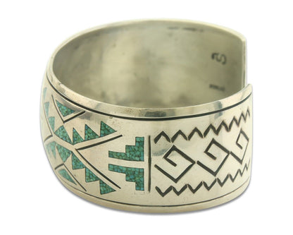 Navajo Bracelet 925 Silver Inlaid Turquoise Cuff Artist Signed Stanley Bain C80s