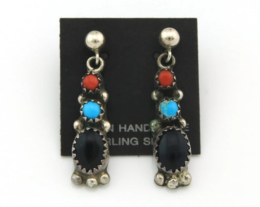 Navajo Dangle Earrings Sterling Silver Natural Gemstones Vintage Handmade