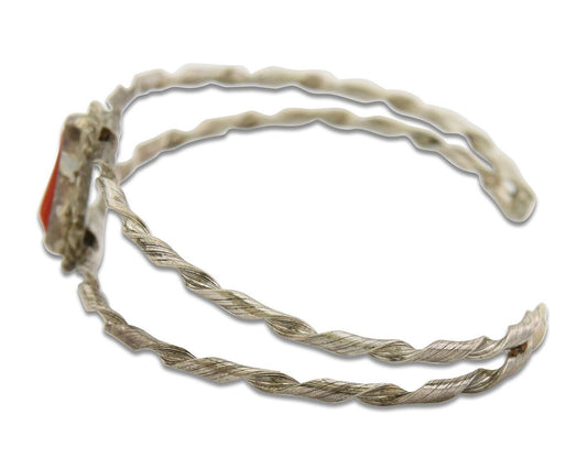 Navajo Bracelet .925 Silver Mediterranean Red Coral Cuff Native Artist C.80's