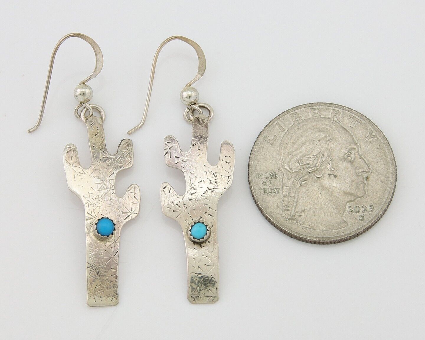 Navajo Handmade Cactus Earrings 925 Silver Natural Turquoise Native Artist C.80s