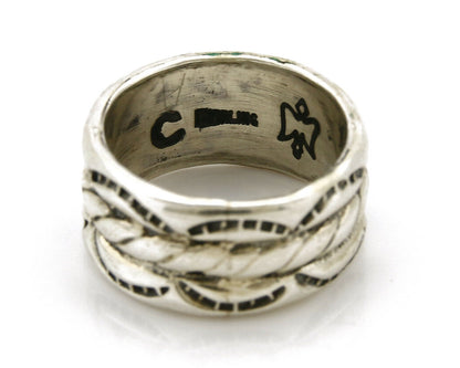Navajo Ring .925 Silver Handmade Hand Stamped 3 Row Rope Band C.1980's Size 5.25