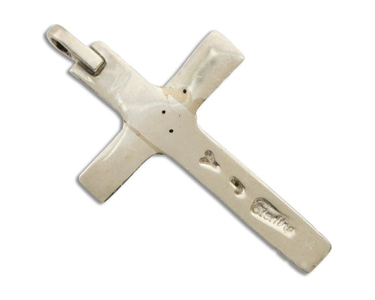 Navajo Sand Cast Cross Pendant 925 Silver Turquoise Artist Signed J Yazzie C.80s