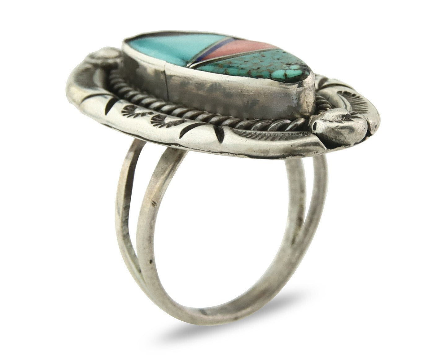 Vintage Zuni Ring 925 Sterling Silver Gemstone Signed V&N Edsitty Size 7.75