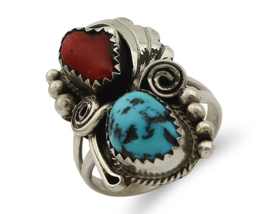 Navajo Ring .925 Silver Turquoise & Coral Artist Signed Justin Morris C.80's