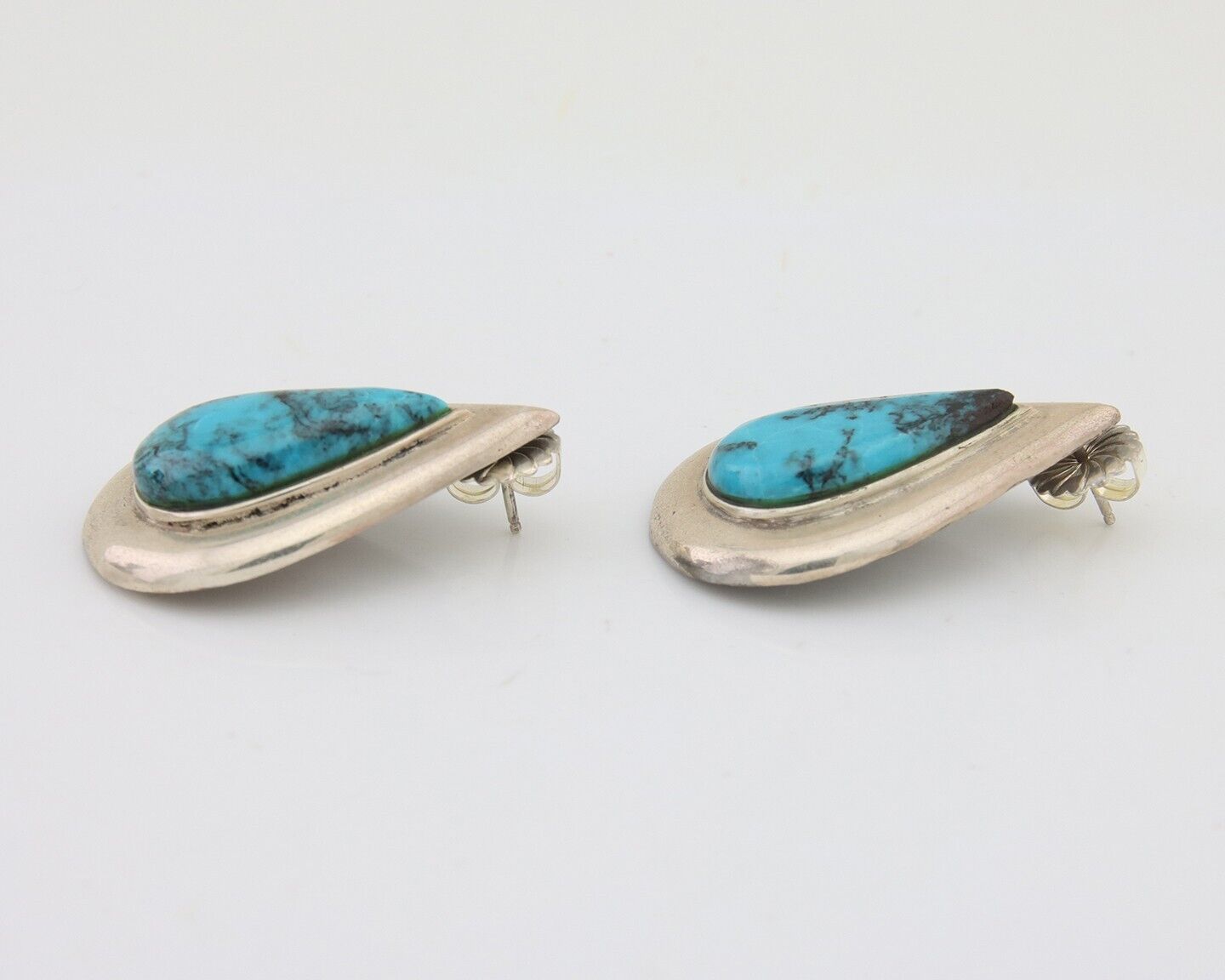 Navajo Dangle Earrings 925 Silver Natural Turquoise Signed Thomas Charay C.1988