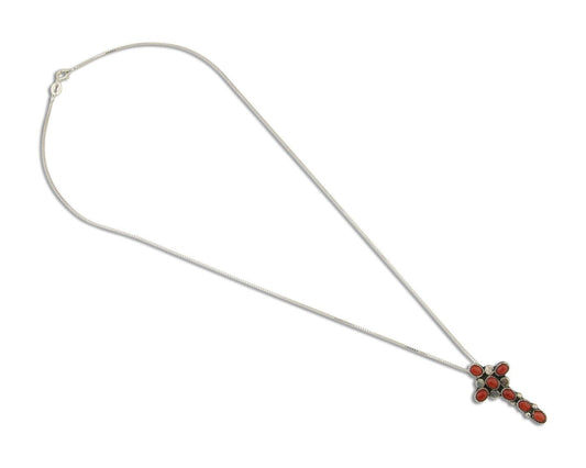 Navajo Cross Necklace 925 Silver Mediterranean Coral Native American Artist C80s