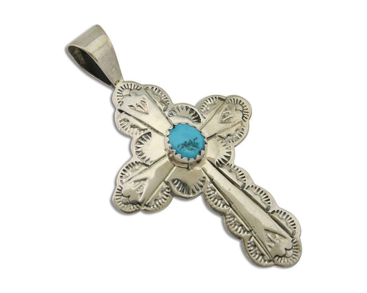 Navajo Cross Hand Stamped Pendant 925 Silver Turquoise Artist Gilbert Lee C.80's