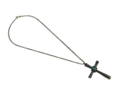 Navajo Sand Cast Cross Pendant 925 Silver Turquoise Native Artist C.80s