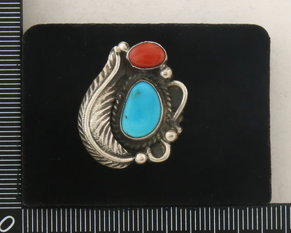 Navajo Ring 925 Sterling Natural Coral & Turquoise Native Artist C.80's Sz 6.0