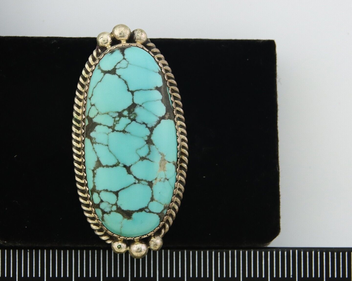 Navajo Ring 925 Sterling Spiderweb Blue Turquoise Native Artist C.80's Size 7.0