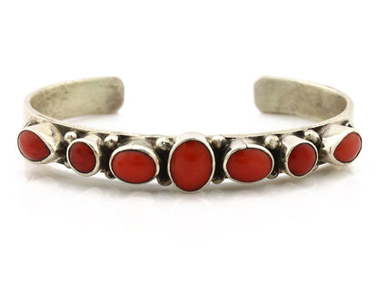 Navajo Bracelet .925 Silver Natural Red Coral Artist Signed Circle JW C.1980's