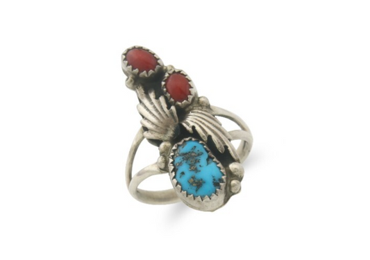 Vintage Navajo Ring 925 Sterling Natural Coral & Turquoise Native Artist Size 7