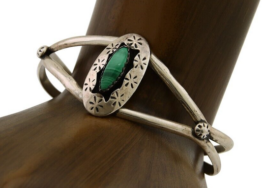 Navajo Hand Stamped Cuff Bracelet Malachite 925 Silver Artist Signed IJC C.80's