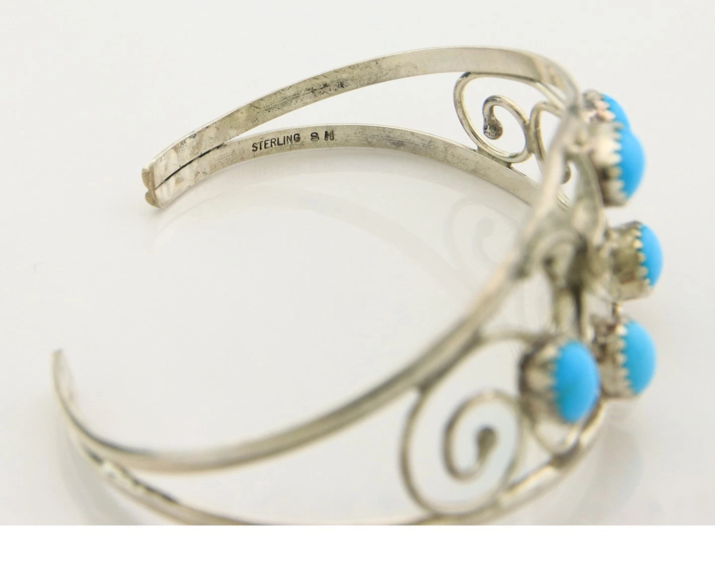 Navajo Cuff Bracelet Sterling Silver Turquoise Vintage Signed SH