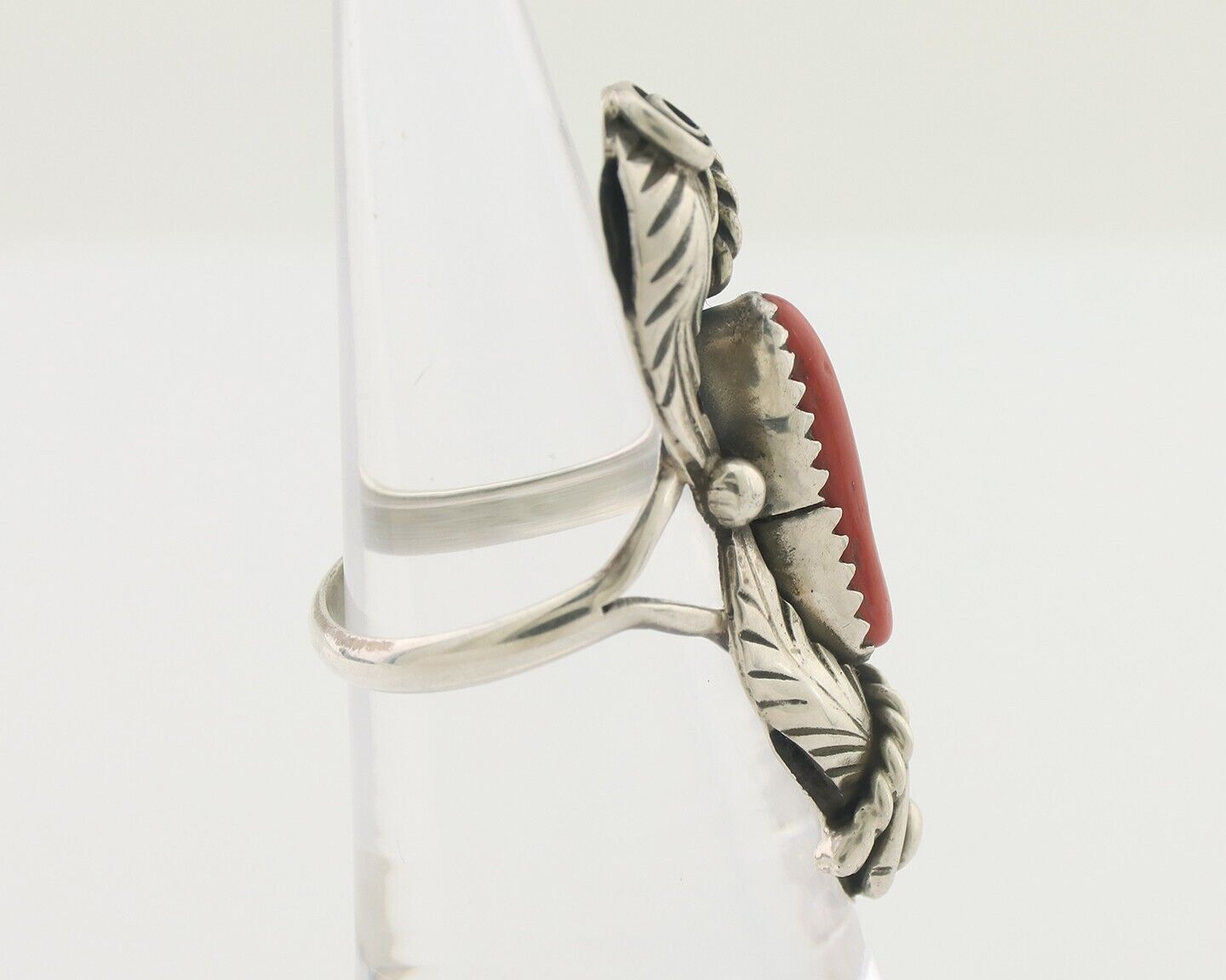 Navajo Handmade Ring 925 Silver Natural Mediterranean Coral Signed Duffy C.80's