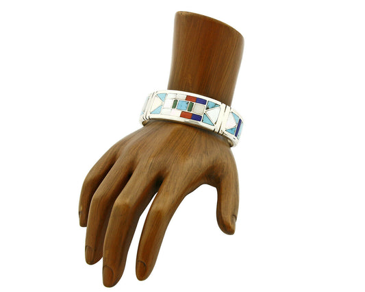Early Artist David Freeland Inlaid Natural Gemstone .925 SOLID Silver Cuff