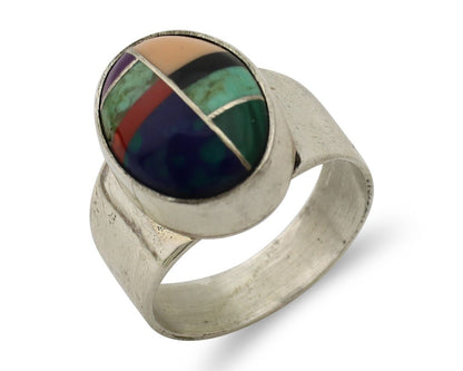 Zuni Inlaid Ring 925 Silver Mixed Natural Gemstones Native American Artist C.80s