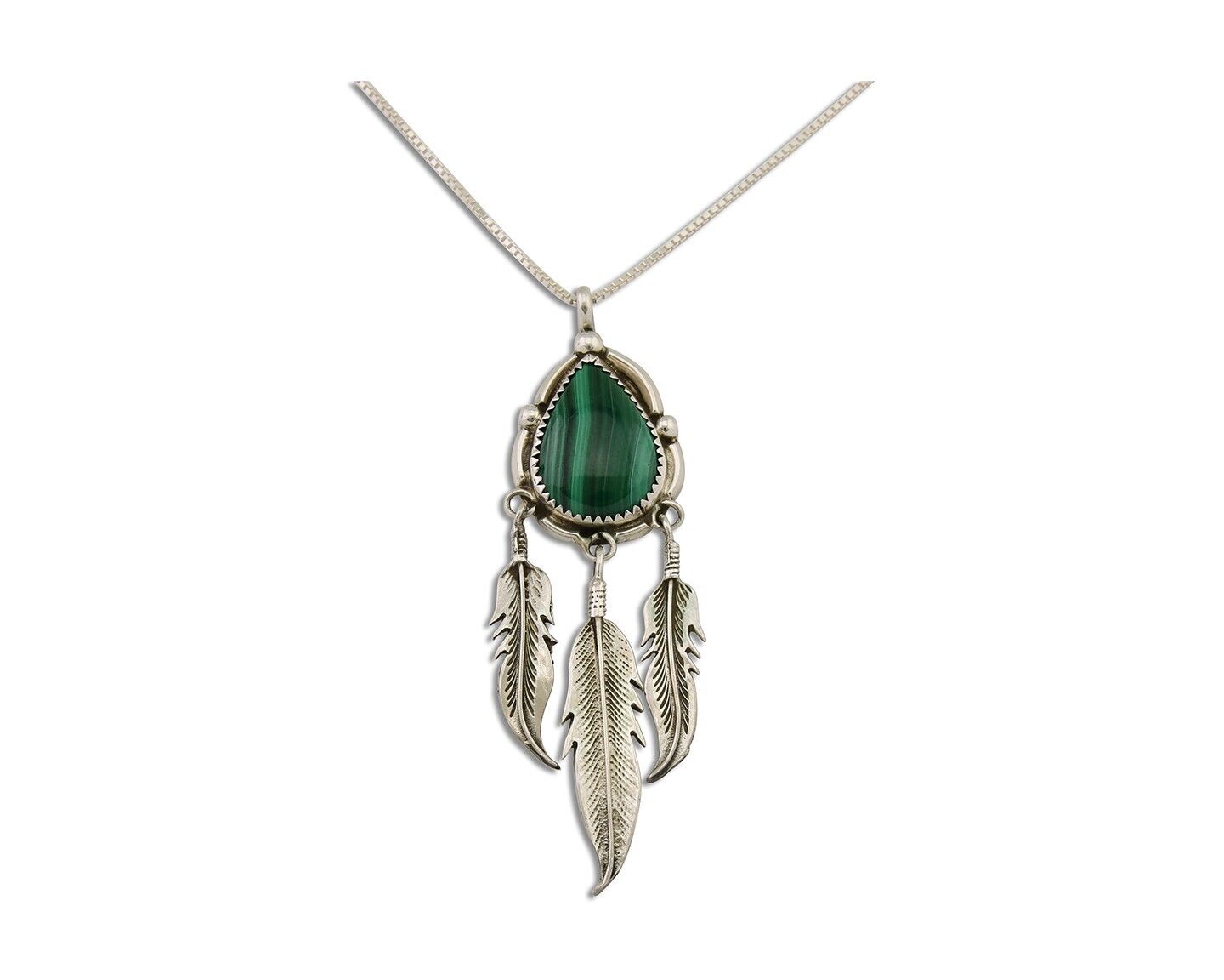 Large Navajo Pendant 925 Silver Natural Malachite Native American Artist C.80's