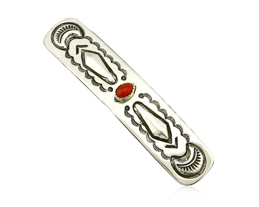 Navajo Real Red Coral 925 SOLID SILVER Hand Stamped 12mm Wide Barrette Hair Clip
