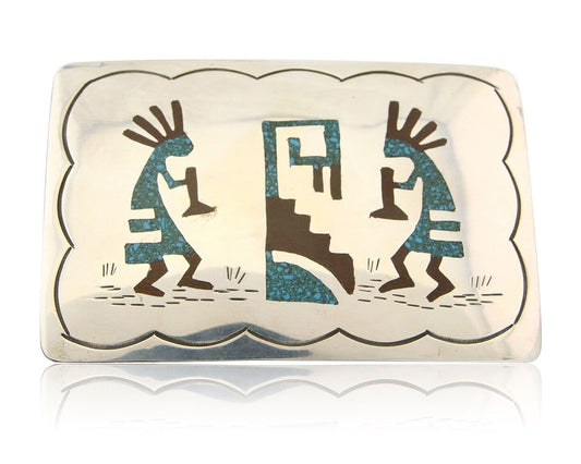Navajo Belt Buckle 925 Sterling Silver Turquoise & Coral Signed HB C.80's