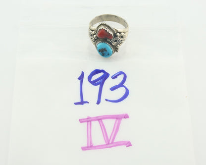 Men Navajo Ring 925 Sterling Natural Coral & Turquoise Signed JM C.80's Sz 12.5