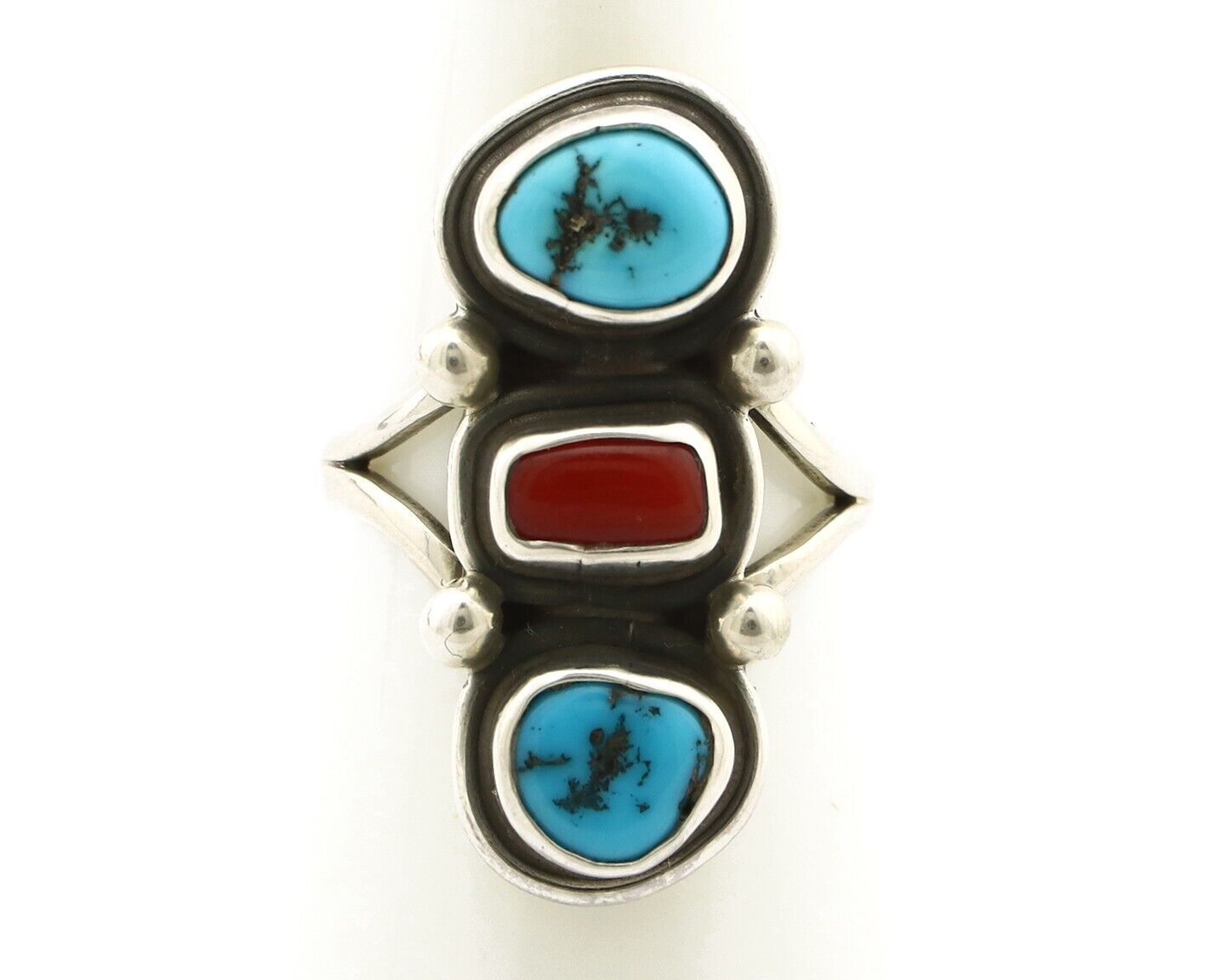 Navajo Ring 925 Silver Sleeping B Turquoise & Coral Native American Artist C.80s