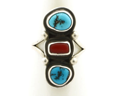 Navajo Ring 925 Silver Sleeping B Turquoise & Coral Native American Artist C.80s