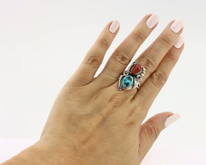 Navajo Ring .925 Silver Turquoise & Coral Artist Signed Justin Morris C.80's