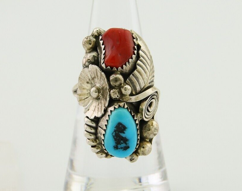 Navajo Handmade Ring 925 Silver Coral & Turquoise Signed Circle Max C.80's