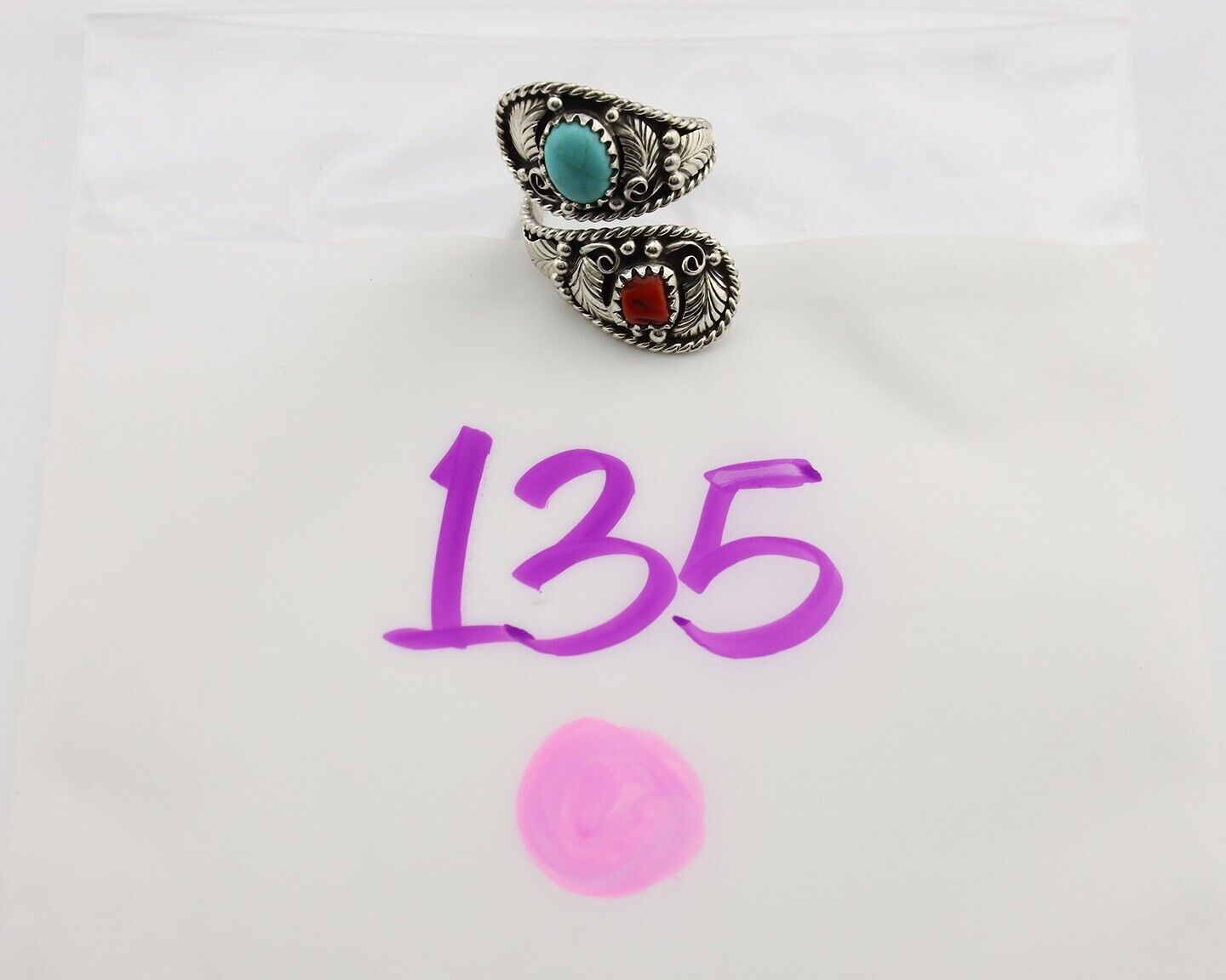 Navajo Adjustable Ring 925 Silver Turquiose & Coral Signed Broken Arrow C.80's
