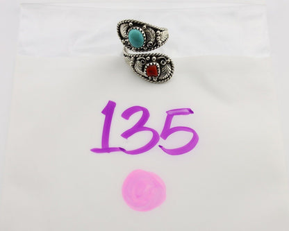 Navajo Adjustable Ring 925 Silver Turquiose & Coral Signed Broken Arrow C.80's