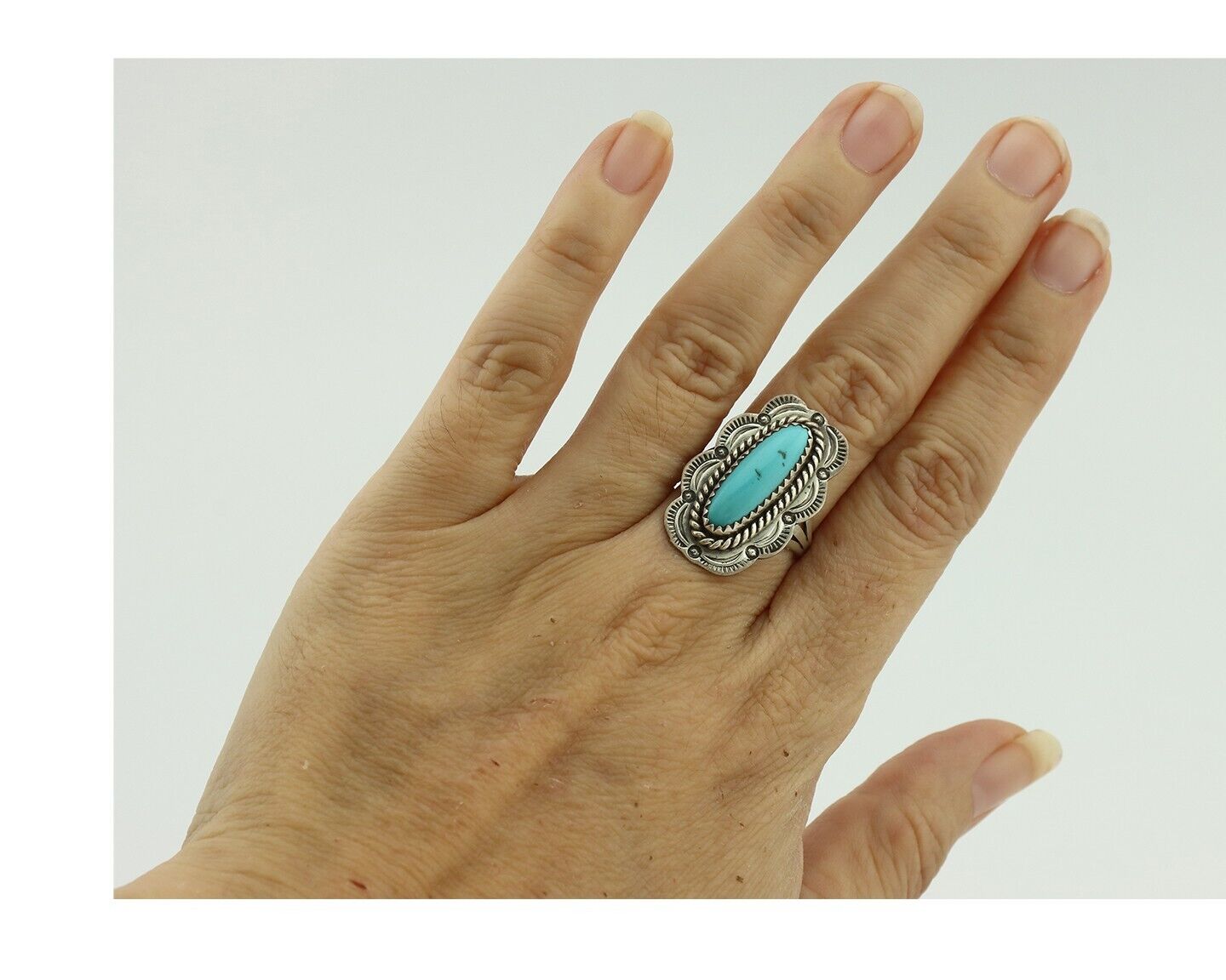 Navajo Ring .925 Silver Sleeping Beauty Turquoise Native American Artist C.80's
