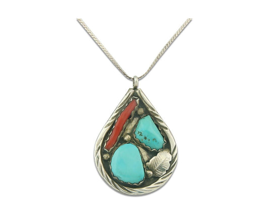 Vintage Zuni Necklace 925 Silver Turquoise & Coral Artist Signed B&N Nastacio