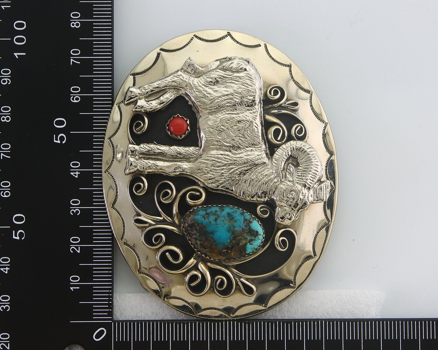 Navajo Belt Buckle .999 Nickel Buffalo Gemstone Signed 2.35 x 3.0 in C.80's