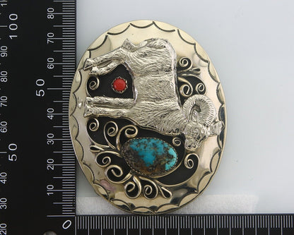 Navajo Belt Buckle .999 Nickel Buffalo Gemstone Signed 2.35 x 3.0 in C.80's