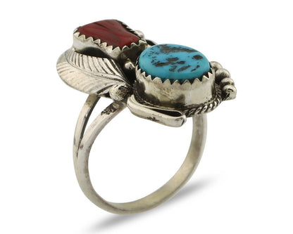 Navajo Ring .925 Silver Turquoise & Coral Artist Signed Justin Morris C.80's