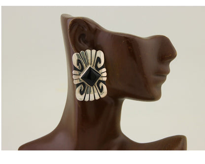 Navajo Handmade Earrings 925 Silver Onyx Artist Signed Thomas Singer C.70's