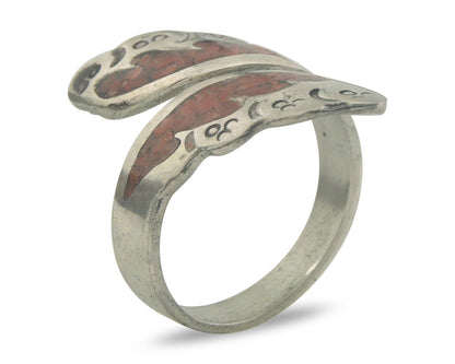Navajo Ring 925 Silver Inlaid Natural Coral Native Artist C.80's Size 7.0