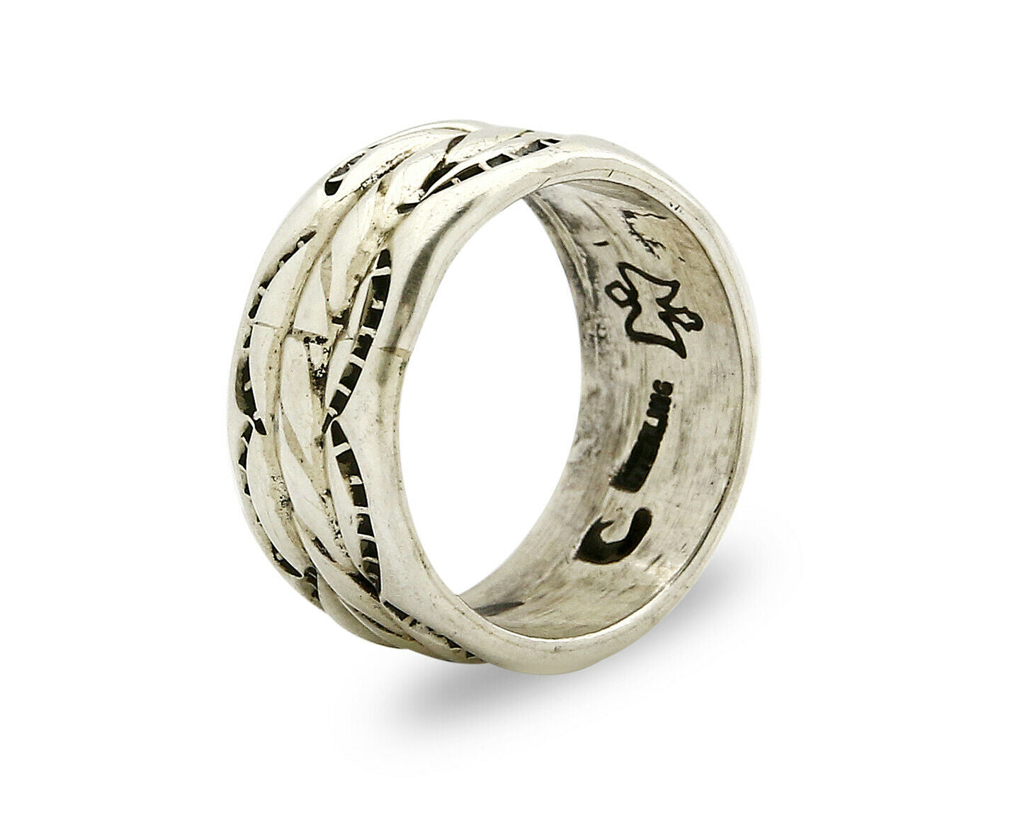 Navajo Ring .925 Silver Handmade Hand Stamped 3 Row Rope Band C.1980's Size 6.0