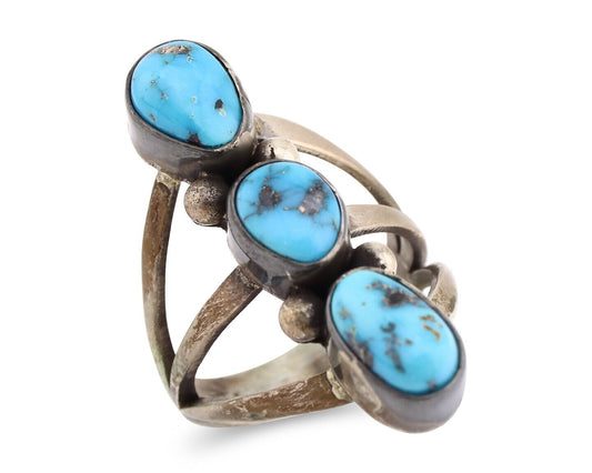Navajo 3 Stone Ring 925 Silver Blue Turquoise Native American Artist C.80's