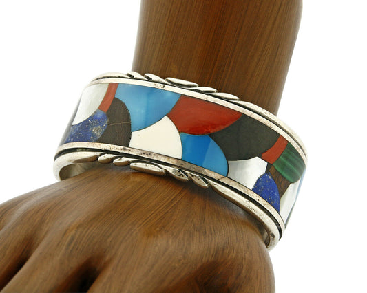 Navajo Jerry Cowboy Signed .925 Silver Gemstone Handmade Unique Cuff