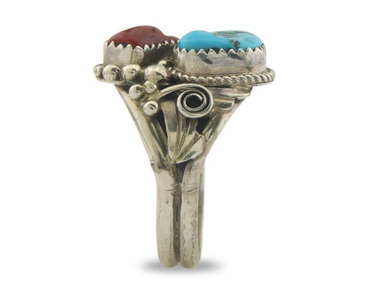 Men Navajo Ring 925 Sterling Natural Coral & Turquoise Signed JM C.80's Sz 12.75