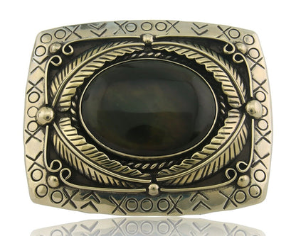 Navajo Belt Buckle .999 Nickel Agate Native Artist Handmade 2.5 x 3.0 in C.80s