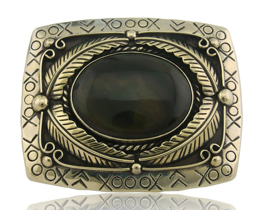 Navajo Belt Buckle .999 Nickel Agate Native Artist Handmade 2.5 x 3.0 in C.80s