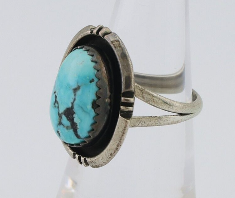 Navajo Ring 925 Silver Natural Mined Blue Turquoise Native American Artist C80s